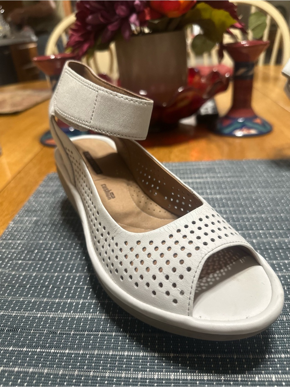 Clarks White Perforated Peep-Toe Ankle-Strap Wedge Sandal